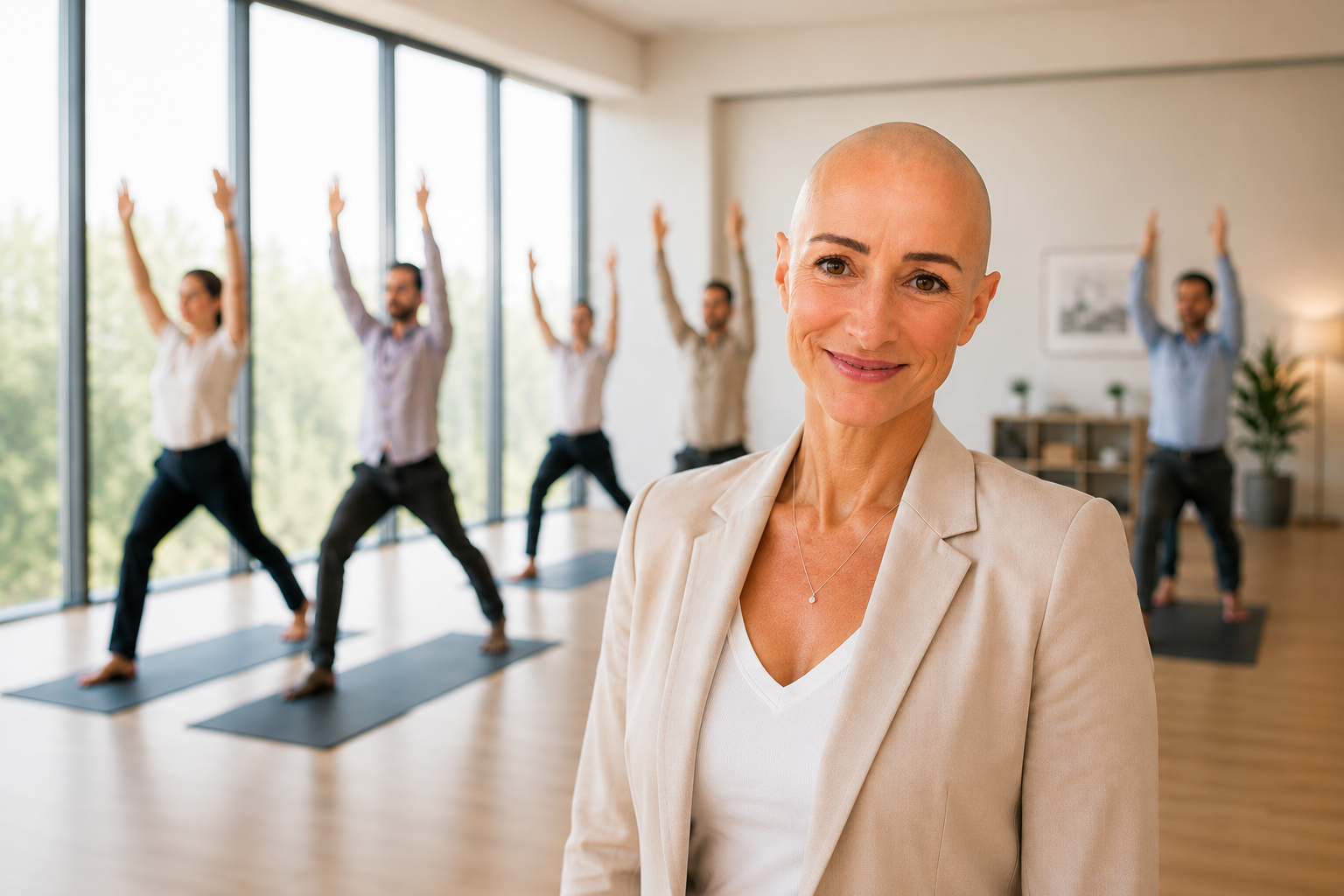 Silke Jost vor einer Gruppe Mitarbeitender, die im Büro eine stehende Yogaübung mit gehobenen Armen machen