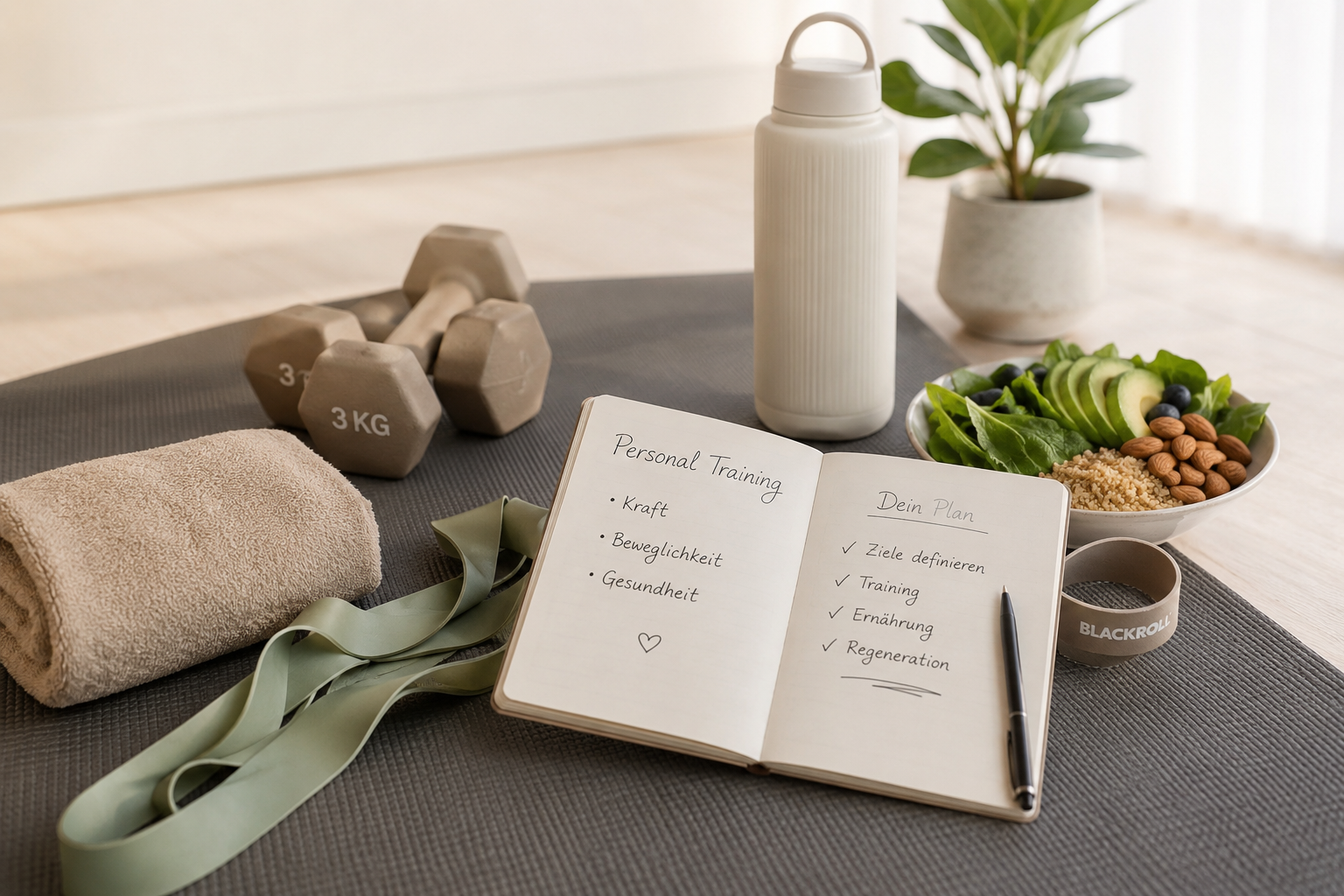 Trainingsplan in einem aufgeschlagenen Notizbuch auf der Matte, daneben Hanteln, Gymnastikband, Handtuch und Trinkflasche