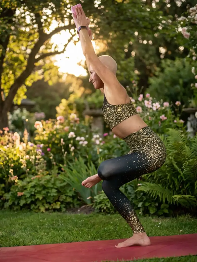 Silke Jost in einer stehenden Balancehaltung im Garten bei Gegenlicht